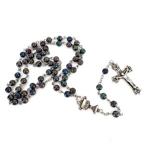 Blue Iridescent Beaded Rosary Crucifix Rosary Necklace